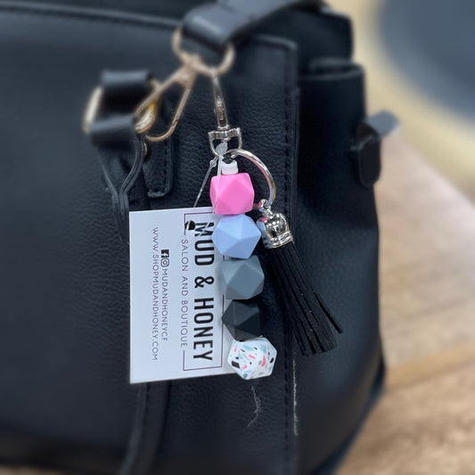 Silicone Bead Keychain - Pink/Blue Grey